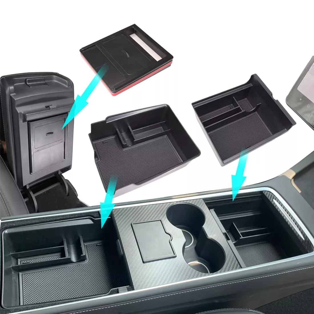 2021-2023 Model 3/Y | Center Console Organizers (3pc Set) Hidden Cubby & Center Console Drawer/Armrest Storage