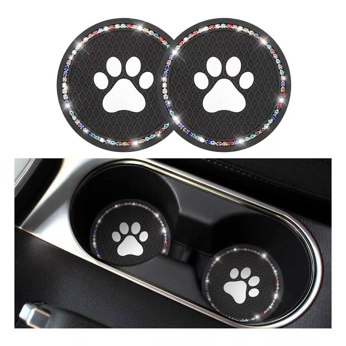 2Pcs Universal Bling Car Cup Coaster, Rhinestone Car Accessories, 2.75 Inch Dog Paw Car Cup Holder Insert Mat Pad Set,Suitable For Most Car Interior (Black/Multicolor)