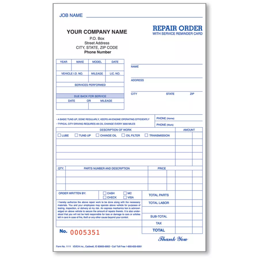 3-Part Compact Repair Order with Reminder Card – Pack 250