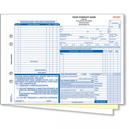 3-Part Florida Auto Body Repair Order Forms – Pre-Numbered – Pack 250