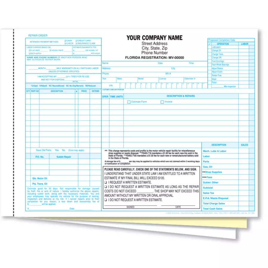 3-Part Florida Mechanical Repair Order – Pack 250