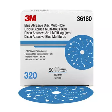 3M 36180 6" 320 Grit Hookit Blue Abrasive Disc Multi-Hole 50/Box