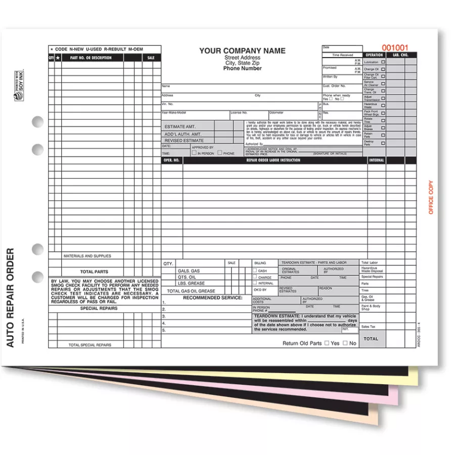4-Part Carbon California Repair Order – Pack 250