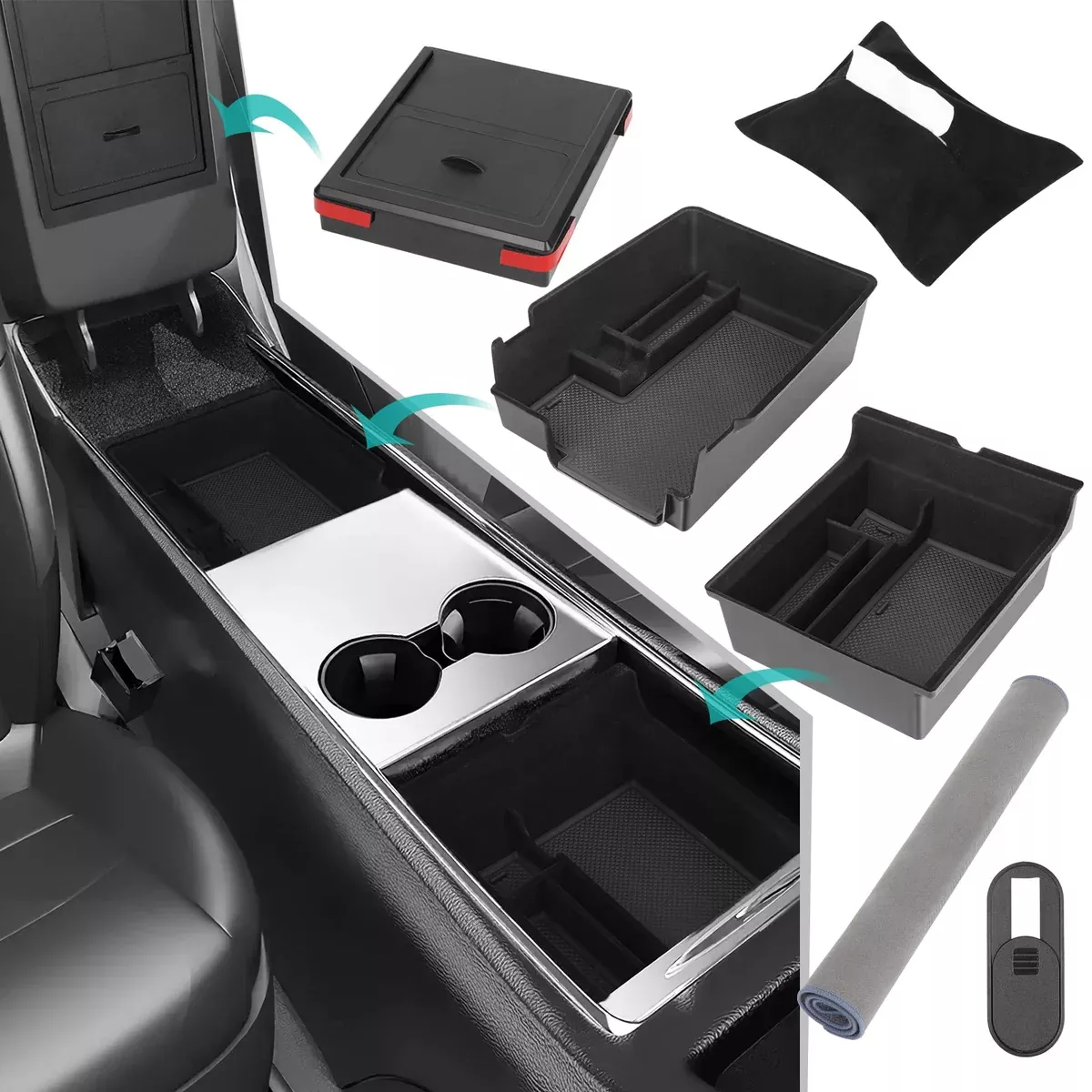 (6 Pack COMBO) Tesla Model 3/Y: Center Console Organizer Tray, Armrest Storage Tray and Hidden Storage Box, Webcam Cover, Tissue Holder, Towel Compatible | 2021-2024 Tesla Model Y/3