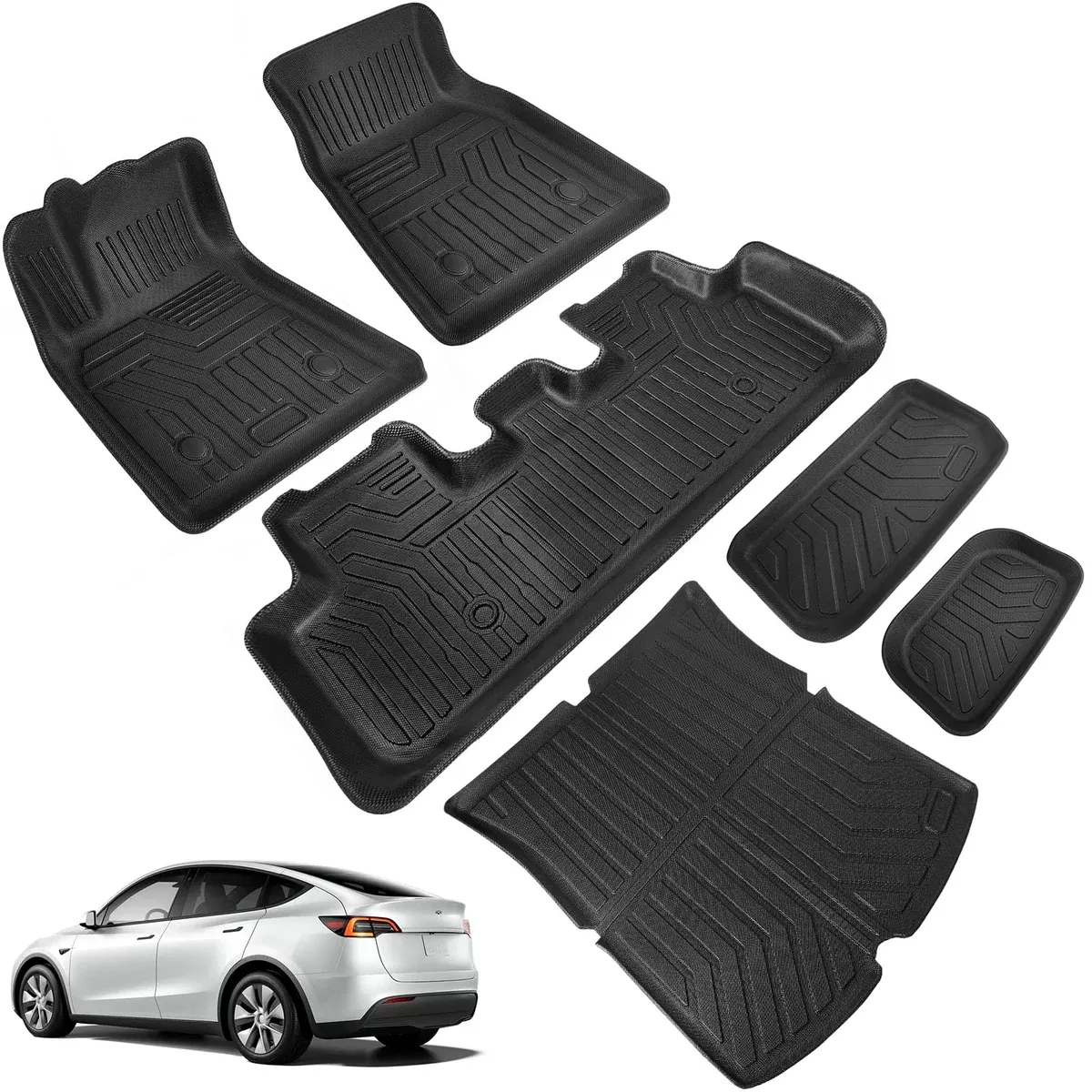 (6 Pack) Tesla Model Y Floor Mats 2023 2022 2021 2020 3D Full Cover Front Rear Trunk Mats Custom Fits Floor Liners | Tesla Model Y (Floor+Cargo+Trunk Mats)