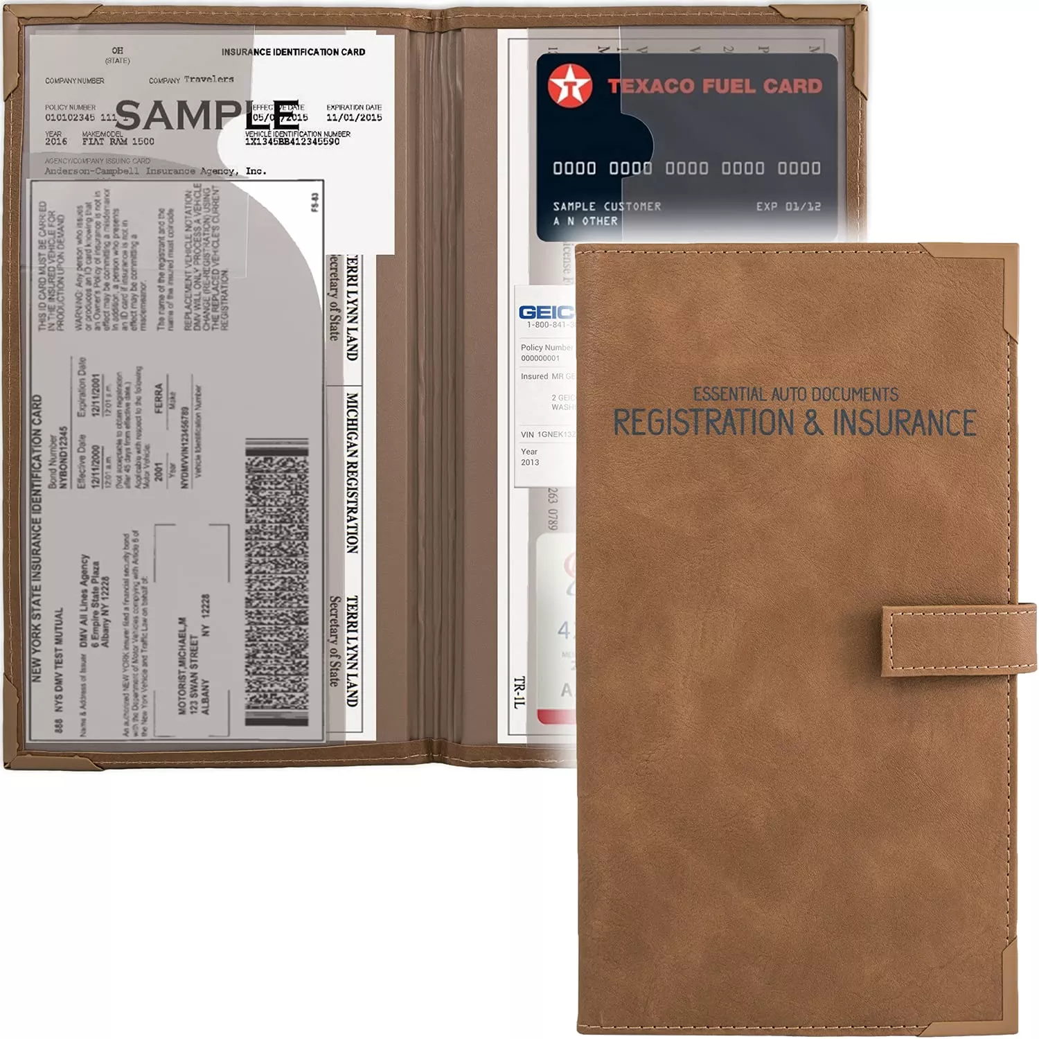 Auto Insurance And Registration Card Holder – Vehicle Glove Box Document Organizer – Car Essential Paperwork Holder For Dmv, Aaa, Contact Information Cards – Premium Pu Leather Wallet Case – Brown