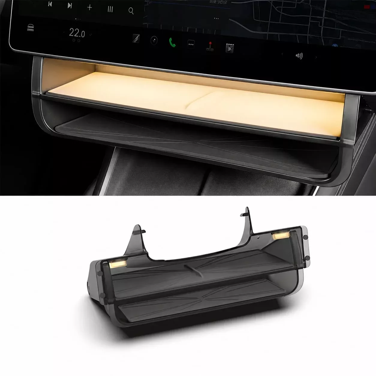 Dual-Layer Tray Under Screen Storage Box with LED Light for Model 3 Highland / Y Juniper