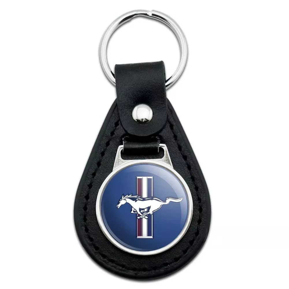 GRAPHICS & MORE Black Leather Ford Mustang Logo Keychain – One Size, Durable Leather/Metal Material
