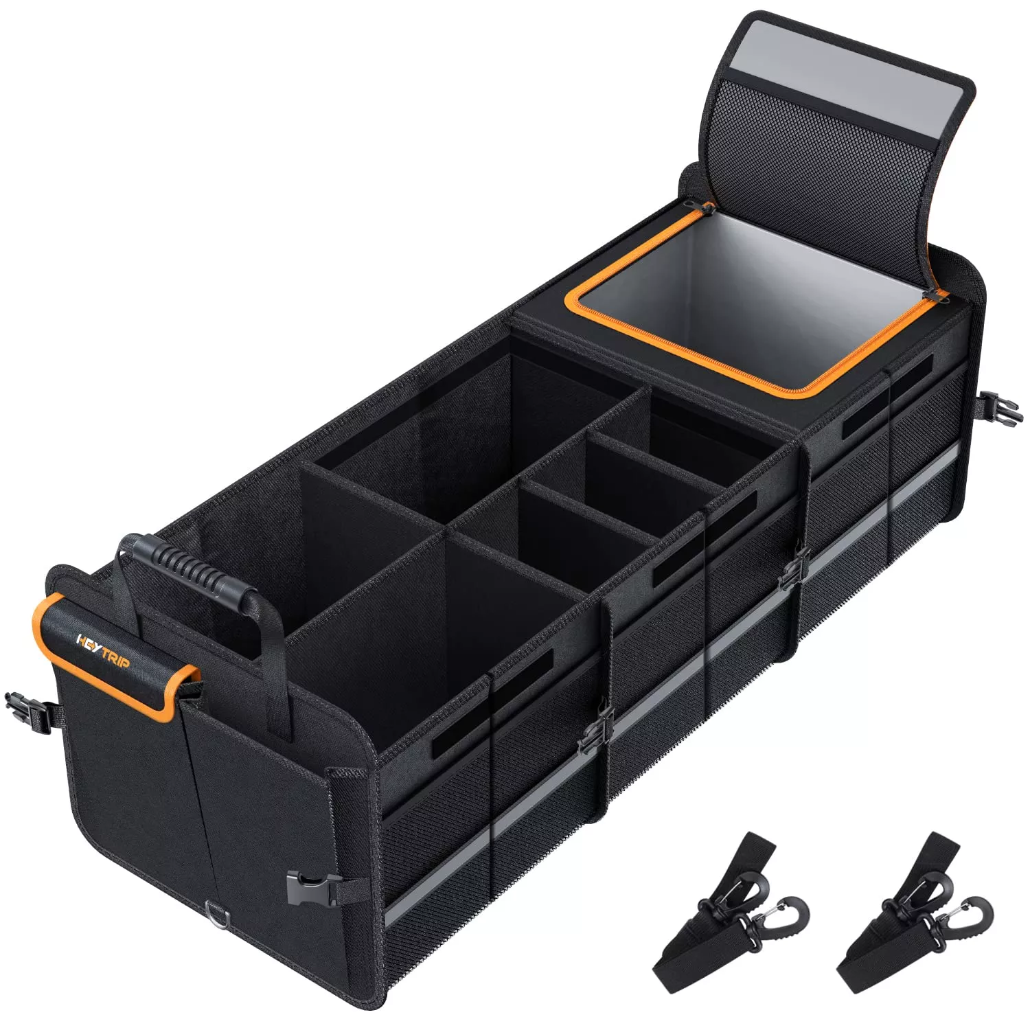 HEYTRIP Large Trunk Organizer with Leakproof Cooler Bag, 3 Compartments, Black, Model HEY03, Includes 2 Tie-Down Straps and 4 Dividers