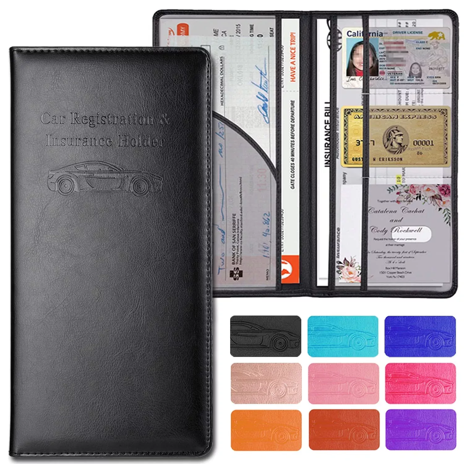 HOURUNTALL Leather Car Accessories Holder, Black Magnetic Wallet for Registration & Insurance, M Size, Glove Box Organizer for Auto, Truck, Motorcycle