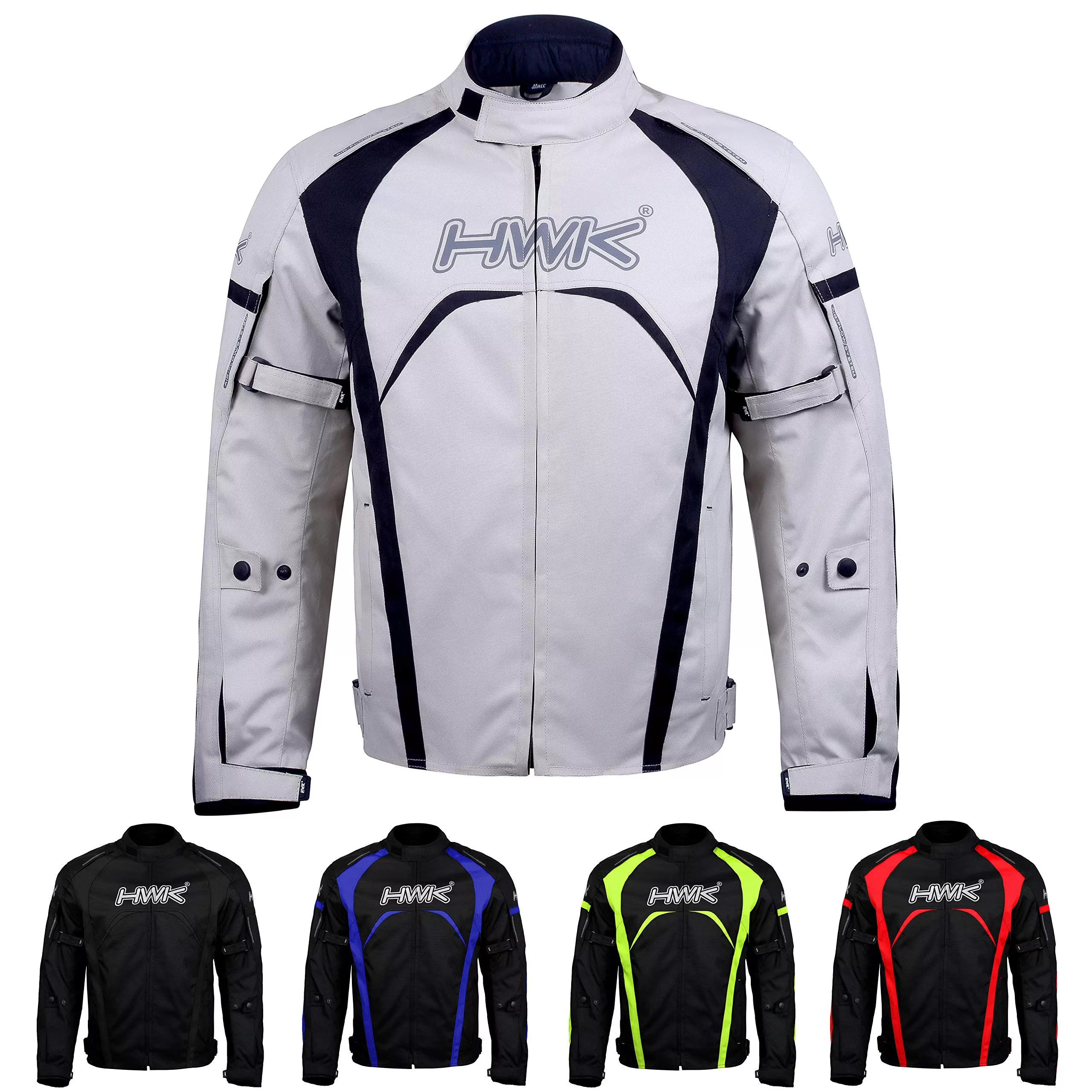 HWK Motorcycle Jacket Men’s Hi-Vis Racing Textile, CE Armored, Water Resistant, Large, Silver, Model R-1