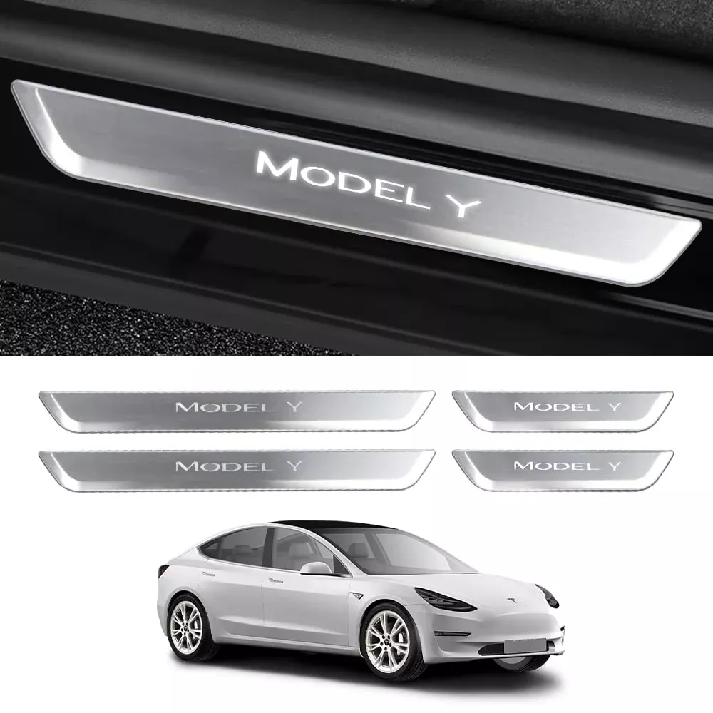 Illuminated Door Sill Protector Anti-Scratch Plate Door Entry Guard with LED Light Door Sill (4 Pcs)| Model Y 2020-2023