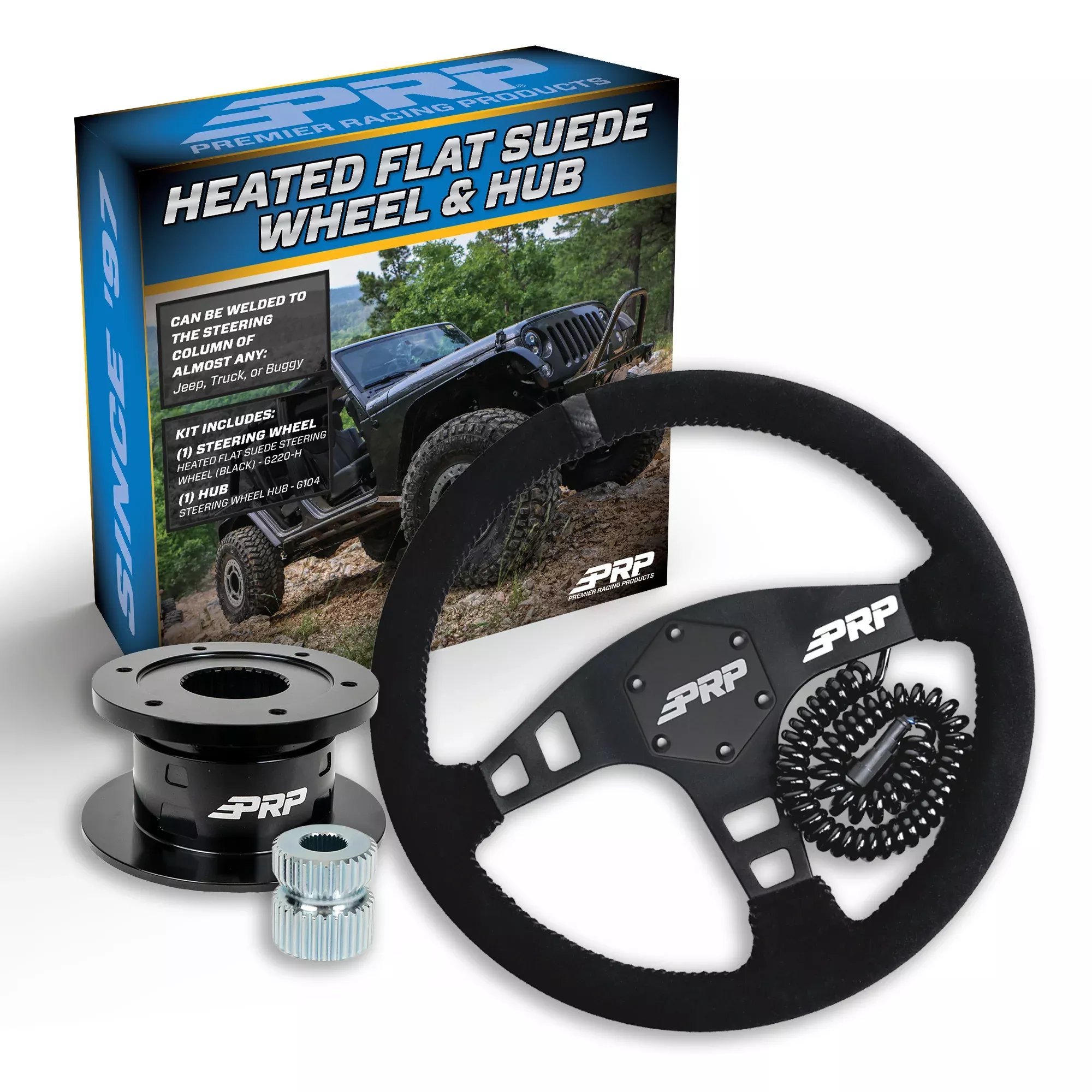 PRP HeatedFlat Suede Steering Wheel Kit with Quick Release Hub with Universal Weld on Adaptor