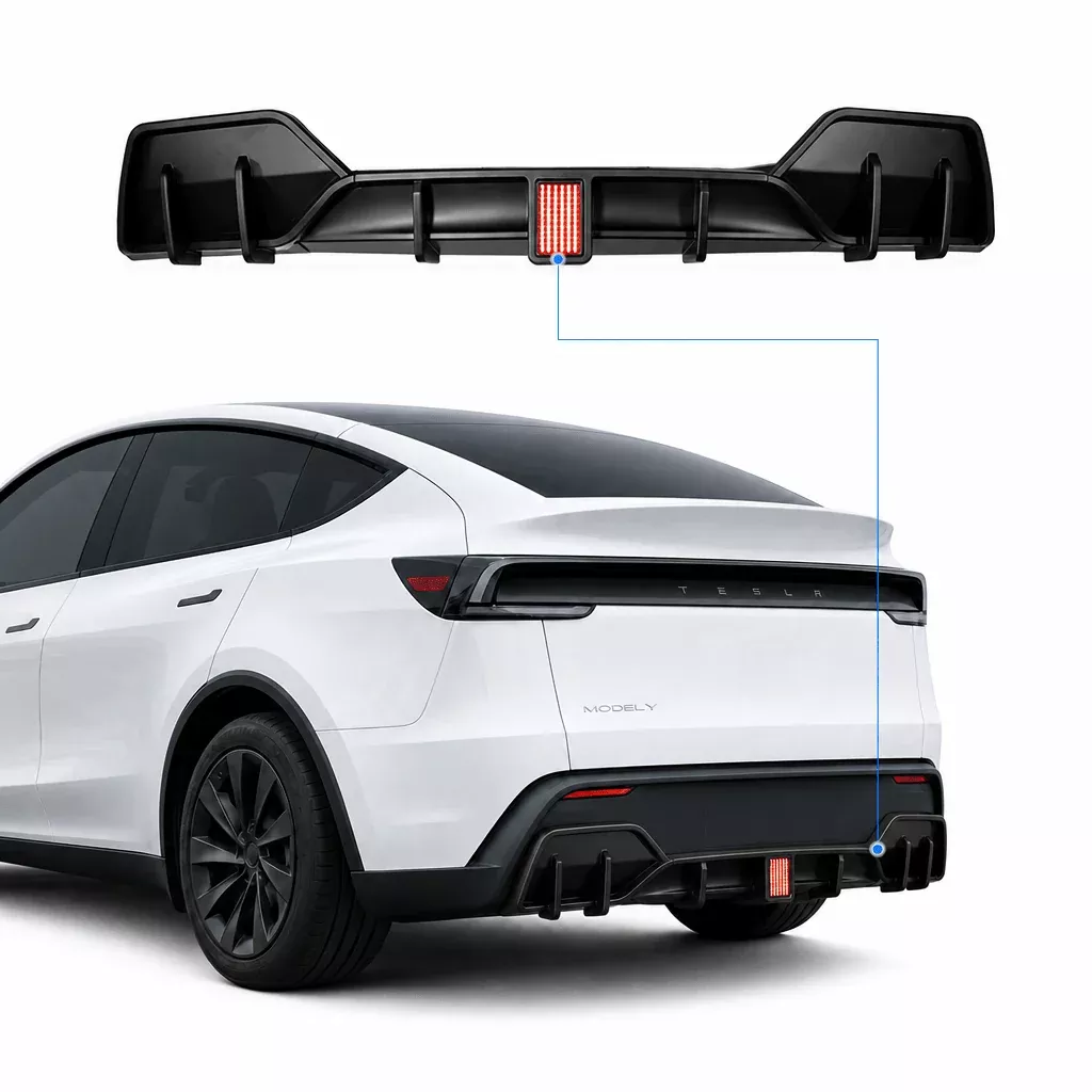 Rear Bumper Lip Spoiler & Diffuser with Flashing LED Pilot Brake Light for Model Y Juniper