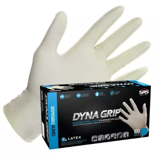 SAS Dyna Grip Large Rubber Latex Disposable Gloves, Box of 100