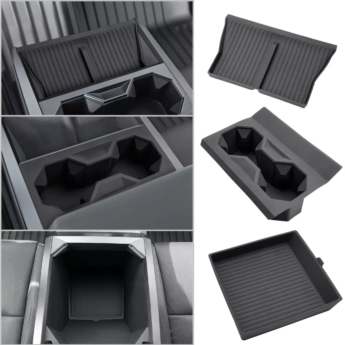 Tesla Cybertruck 2024-2025 Center Console Organizer – Wireless Charging Pad & Armrest Cup Holders, Black