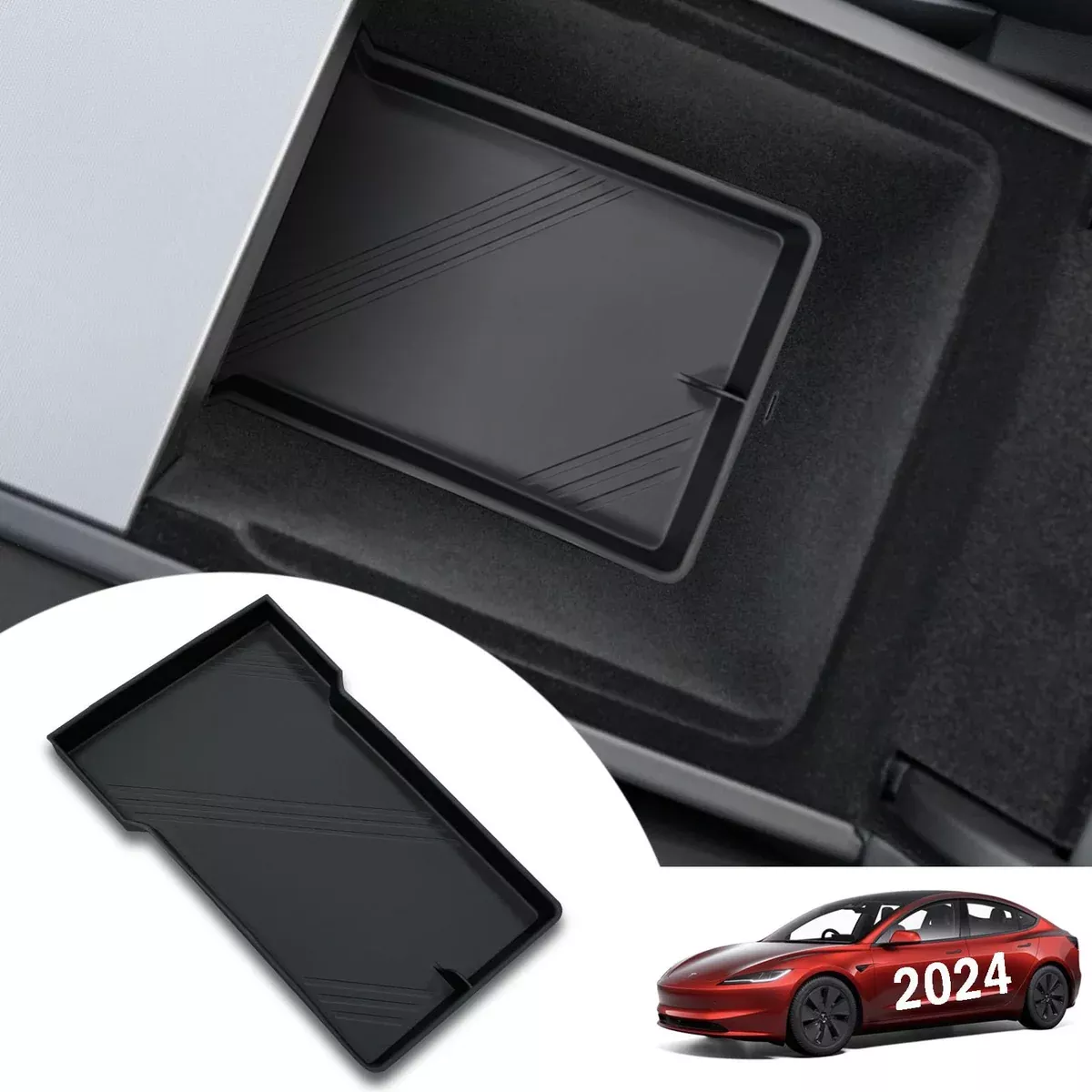 Tesla Model 3 Highland 2024 Armrest Storage Pad – Washable, Non-Slip Silicone Console Organizer Tray, Black