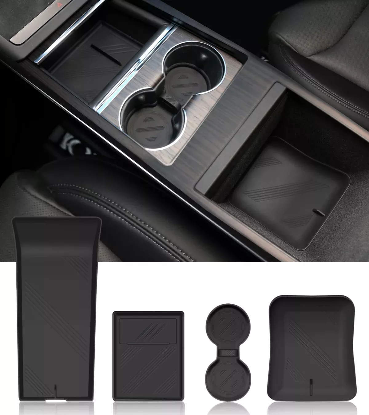Tesla Model 3 Highland | S/X Console Mat Set – Non-Slip Silicone Cup Coaster, Upper & Lower Organizer Mats, Armrest Pad (4PCS, Black) 2022-2025