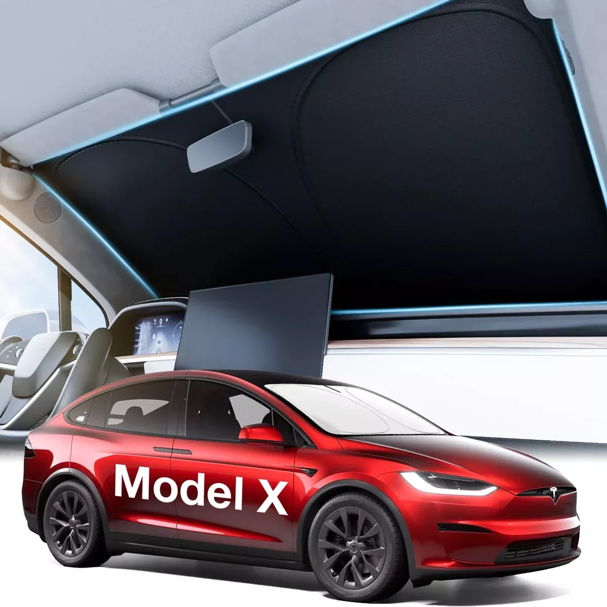 Tesla Model X 2016-2025 Windshield Sunshade – Ice Shield Tech, 100% Sun Blockage, Foldable with Storage Bag