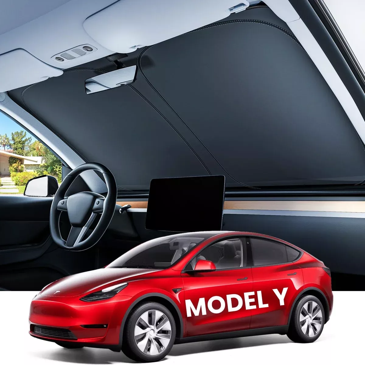 Tesla Model Y Sunshade 2016-2026 (Juniper 2026) | Tailored Fit Foldable Windshield Sun Shade with 99% UV Protection, Silver Coated with Storage Bag