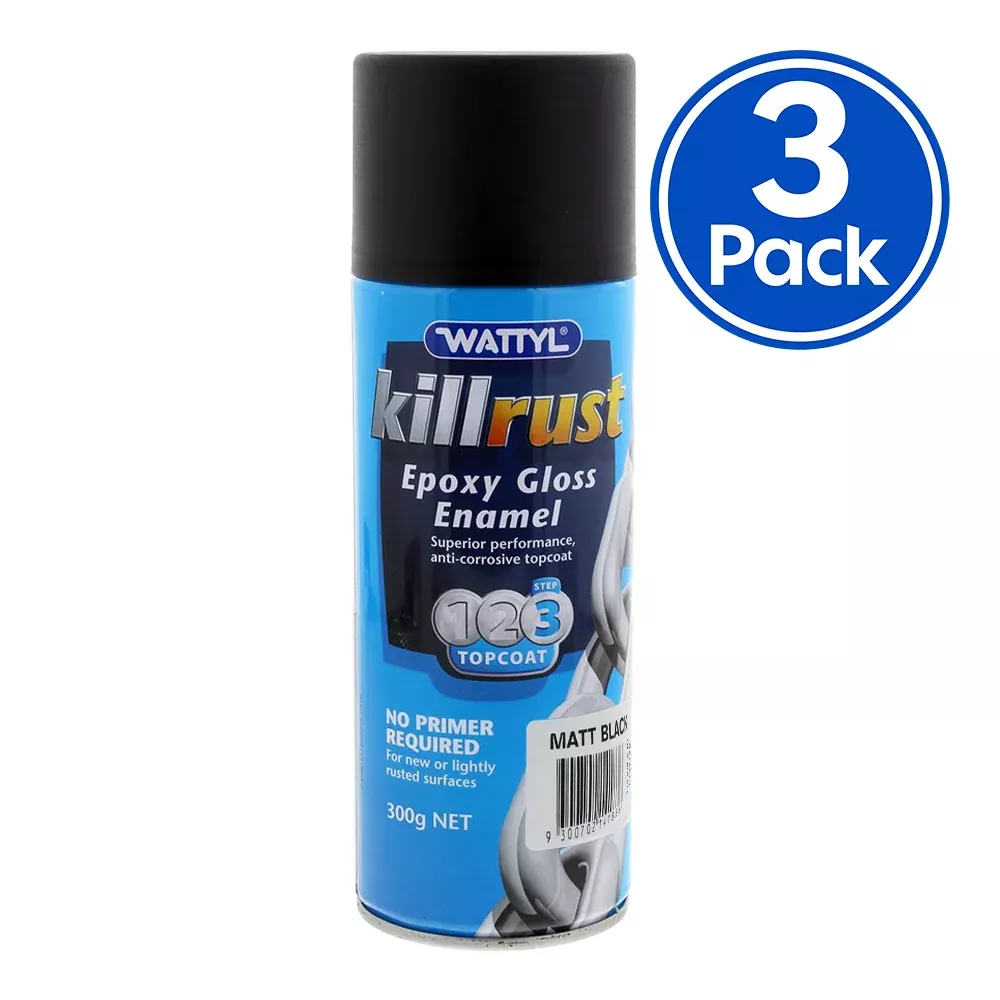 WATTYL Killrust Epoxy Enamel Spray Paint Matt Black 300g Aerosol Metal x 3 Pack