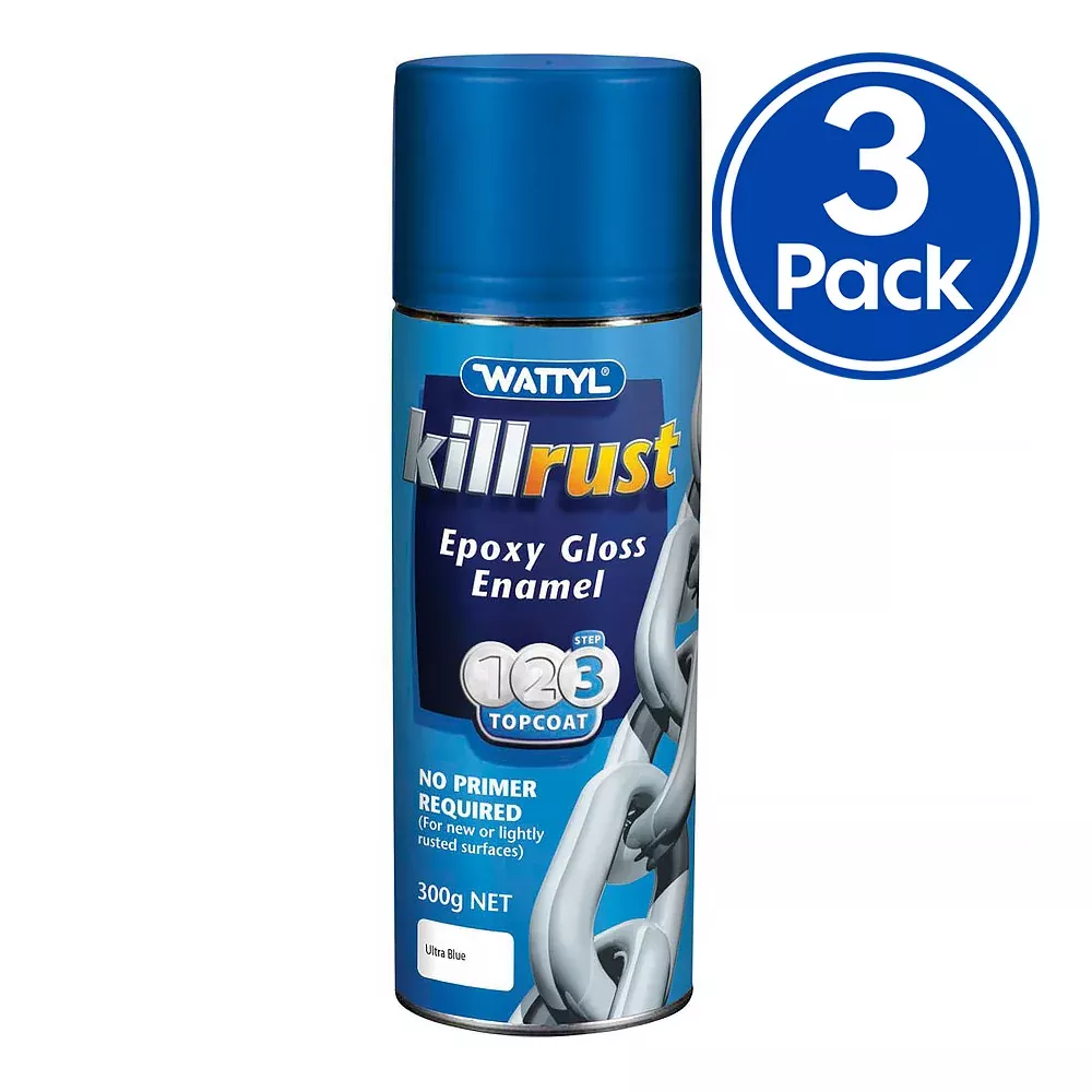 WATTYL Killrust Epoxy Gloss Enamel Anti Corrosive Paint 300g Aerosol Ultra Blue x 3 Pack