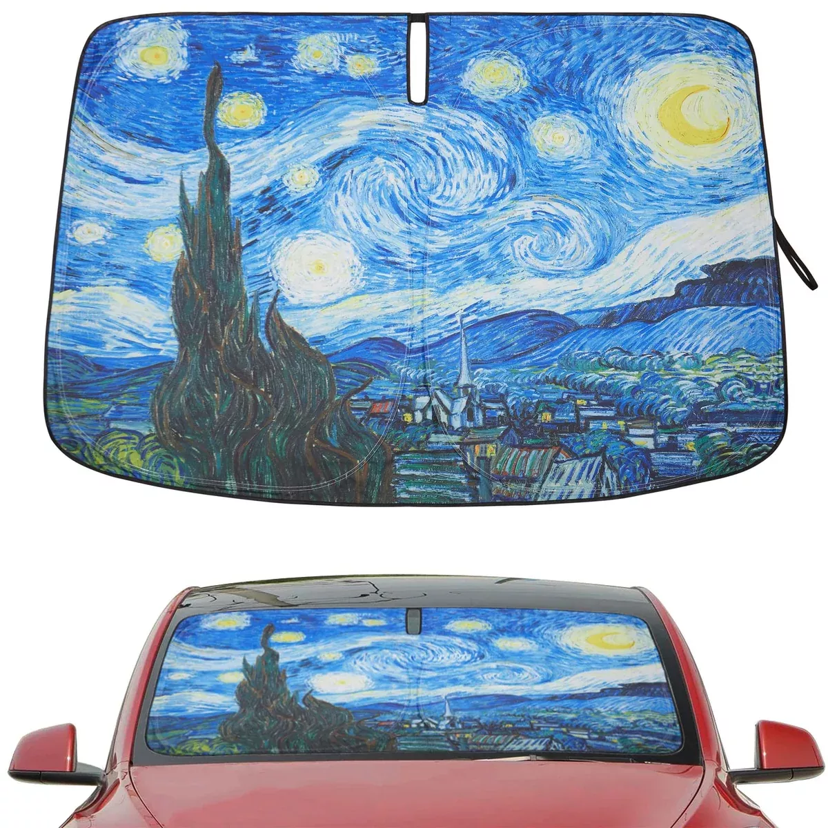 Windshield Sunshade Protector 2-Way Use | 2017-2024 Tesla Model 3 & Y (Van Gogh Starry Night)